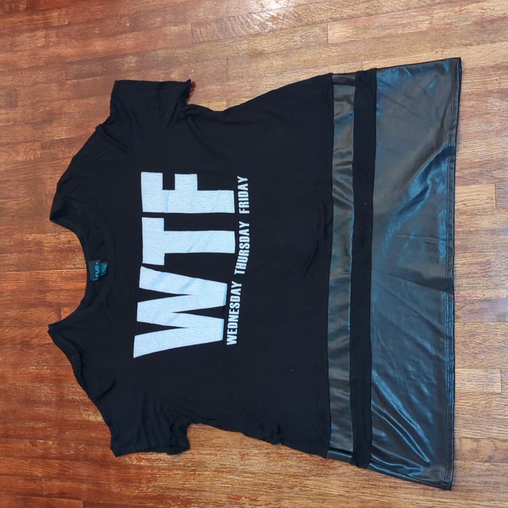 Rue21 WTF slogan graphic stretchy black faux leather tunic long tee shirt